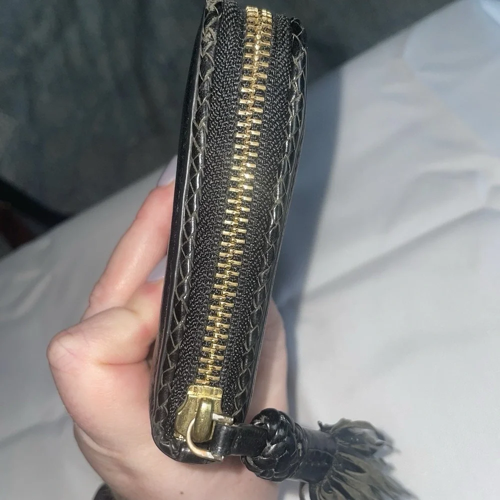 Tory Burch Taylor Zip Continental Wallet in Black Pebbled Leather With Tassel